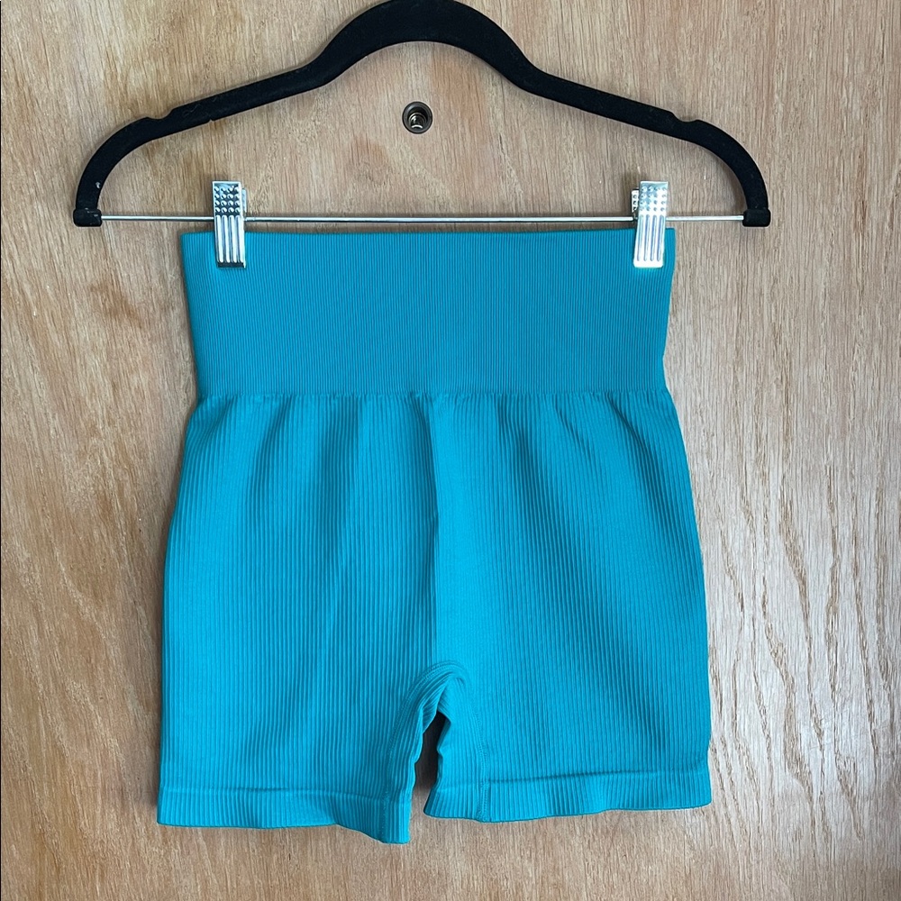 Ribbed High Waisted Teal Bike Shorts